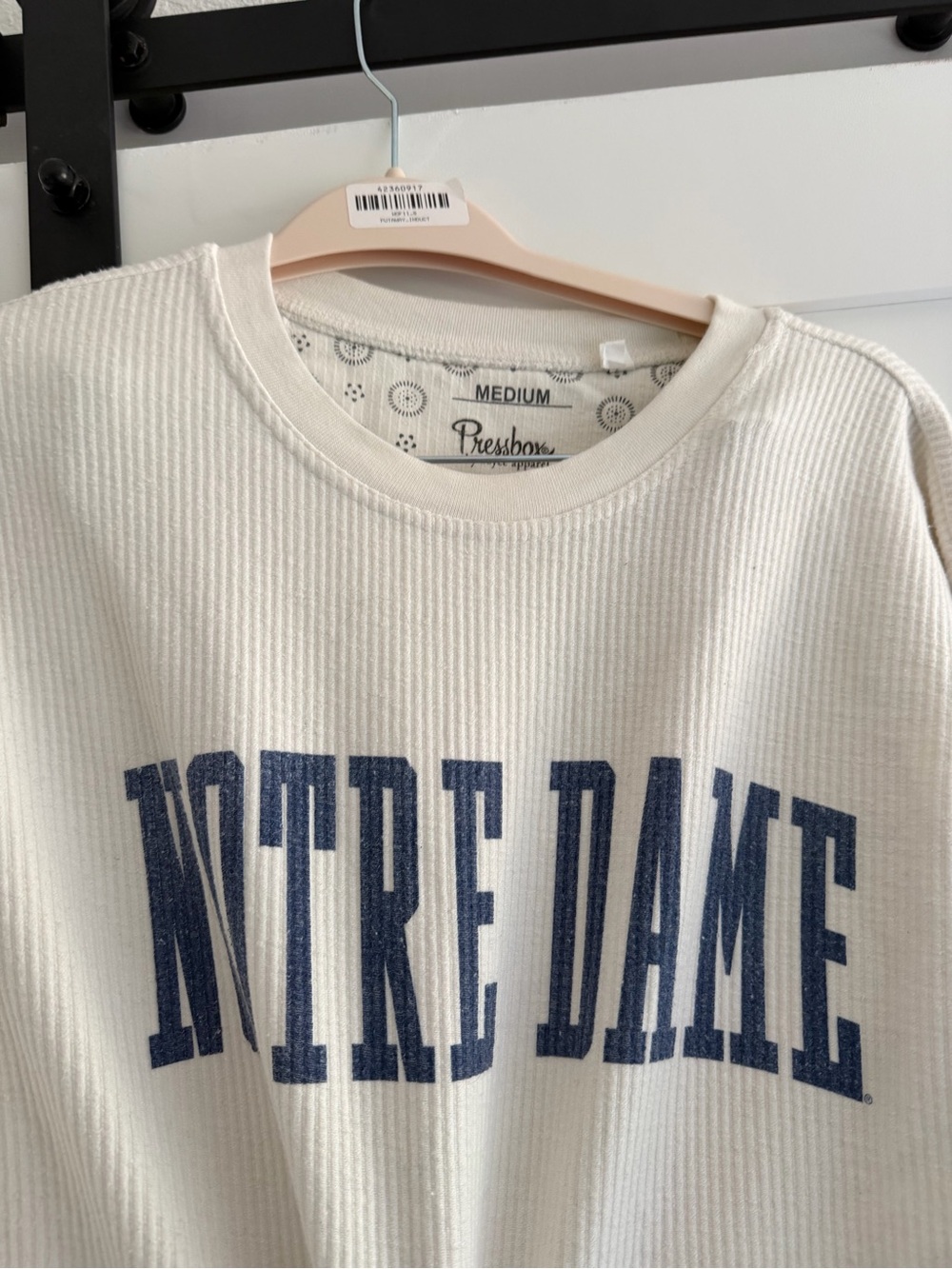 Pressbox Cream Crewneck Sweater with Navy Notre Dame Print